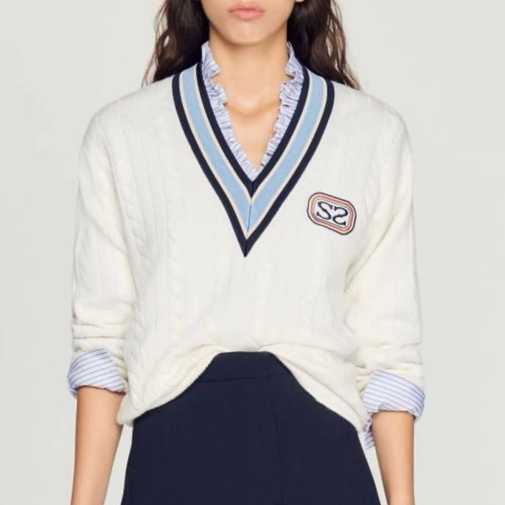 Sandro White V-Neck Sweater with Striped Trim